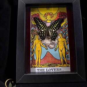 May include: A black rectangular frame containing a tarot card titled THE LOVERS, featuring a yellow sun, two figures, and a tree. A large, dark butterfly with light green spots is mounted over the centre of the card, partially obscuring the image.
