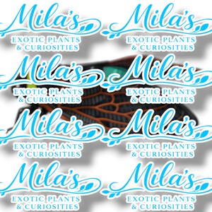 K&ouml;nnte beinhalten: Eine Collage von Aufklebern mit dem Text "Mila's Exotic Plants & Curiosities" in hellblauer Schrift. Die Aufkleber haben einen wei&szlig;en Hintergrund und ein dekoratives Blattdesign.