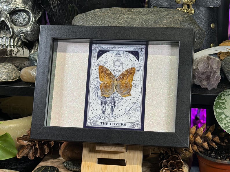 Pode incluir: Uma obra de arte emoldurada com uma carta de tar&ocirc; com uma borboleta e as palavras "THE LOVERS". A carta tem um fundo branco com ilustra&ccedil;&otilde;es celestiais e uma borboleta com asas laranja e marrom. A moldura &eacute; preta.