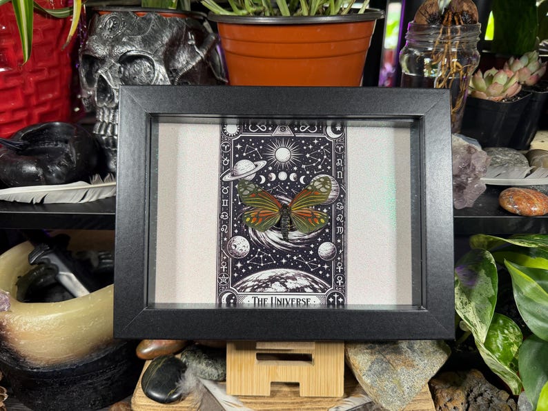 May include: A framed print with a detailed butterfly illustration and celestial elements. The artwork is set against a dark background with the words "THE UNIVERSE" at the bottom. The black frame surrounds the print, which is displayed on a cream-colored background.