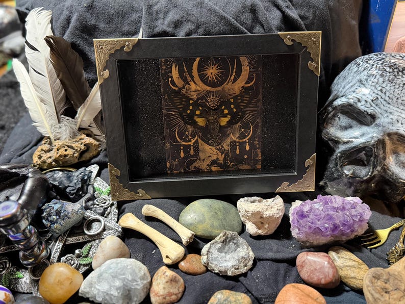 May include: A black framed art piece with gold corner accents, featuring a detailed gold illustration of a celestial design. The image is surrounded by feathers, stones, bones, and a skull, creating a mystical and gothic aesthetic.