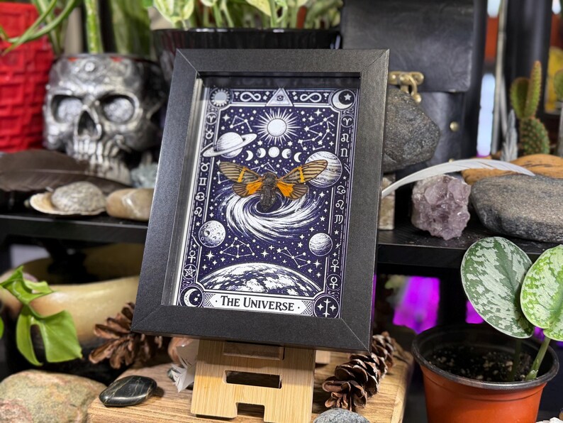 K&ouml;nnte beinhalten: Ein gerahmter Druck mit einem Himmelsdesign und einer Nachtfalter-Illustration. Das Kunstwerk ist &uuml;berwiegend blau und wei&szlig;, mit Planeten, Monden und Sternen. Der Text "The Universe" befindet sich unten. Der Rahmen ist schwarz.