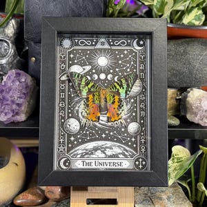 May include: A framed artwork featuring a butterfly with green, orange, and yellow wings, set against a black and white celestial background. The artwork is framed in a black rectangular frame, with the words "The Universe" at the bottom.
