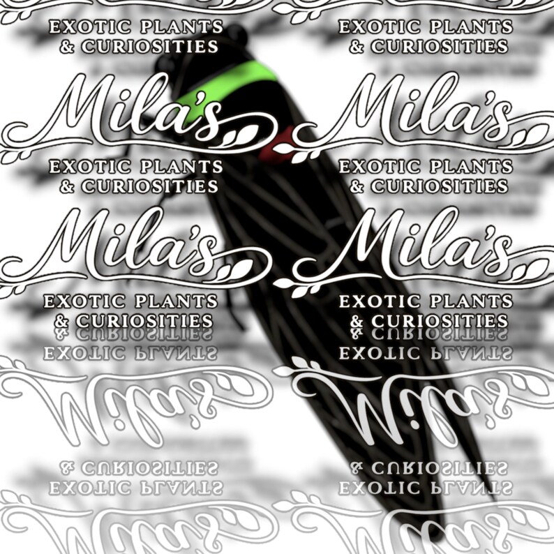Pode incluir: Um inseto preto e verde com uma faixa verde, a imagem &eacute; sobreposta com o texto "Mila's Exotic Plants & Curiosities". O design &eacute; repetido v&aacute;rias vezes na imagem.