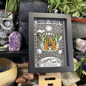 May include: Black framed art print featuring a detailed illustration of a butterfly with celestial elements. The artwork includes the text "The Universe" at the bottom. The butterfly has orange, green, and yellow wings. The background is black and white.