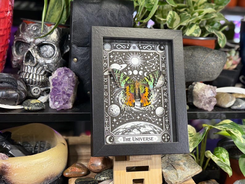 May include: Black framed art print featuring a detailed illustration of a butterfly with celestial elements. The artwork includes the text "The Universe" at the bottom. The butterfly has orange, green, and yellow wings. The background is black and white.