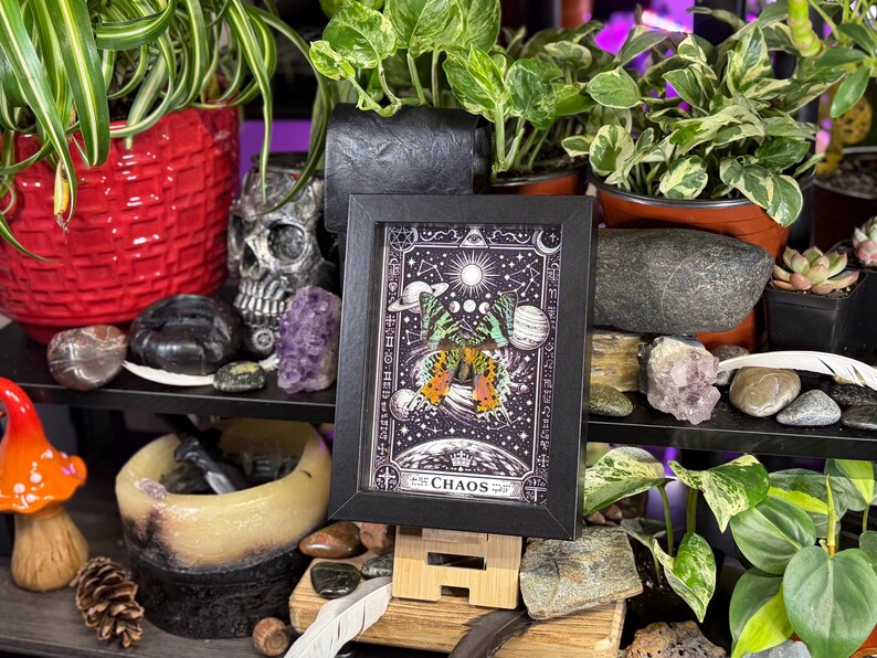 May include: A framed art print with a butterfly design in orange and yellow, set against a celestial backdrop with moons and stars. The word "CHAOS" is at the bottom. The print is displayed on a wooden stand, surrounded by plants and decorative items.