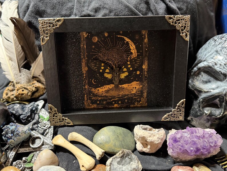 May include: A black framed art piece with gold corner accents, featuring a detailed illustration of a tree with a moth-like design, a crescent moon, and stars. The artwork is surrounded by various crystals, stones, and bones.