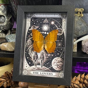 K&ouml;nnte beinhalten: Ein gerahmtes Kunstwerk mit einem Schmetterling mit orangefarbenen und braunen Fl&uuml;geln, vor einem schwarz-wei&szlig;en kosmischen Tarotkarten-Design. Die Karte tr&auml;gt die Aufschrift "THE LOVERS" und zeigt Astronauten und Planeten.