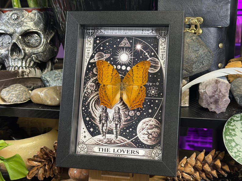 K&ouml;nnte beinhalten: Ein gerahmtes Kunstwerk mit einem Schmetterling mit orangefarbenen und braunen Fl&uuml;geln, vor einem schwarz-wei&szlig;en kosmischen Tarotkarten-Design. Die Karte tr&auml;gt die Aufschrift "THE LOVERS" und zeigt Astronauten und Planeten.