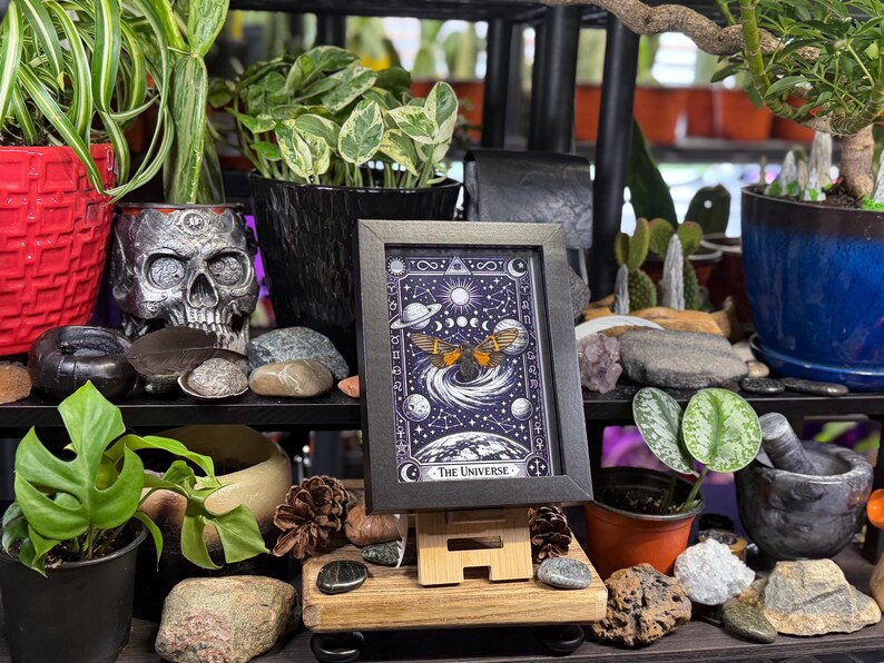 K&ouml;nnte beinhalten: Ein gerahmter Druck der Tarotkarte "Das Universum" mit einem Himmelsdesign mit Planeten, Monden und einem Schmetterling. Das Kunstwerk wird auf einer Holzstaffelei ausgestellt, umgeben von Topfpflanzen, einem Totenkopf und dekorativen Steinen. Der Rahmen ist schwarz.