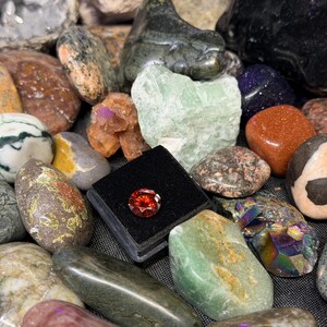 Puede incluir: Una colecci&oacute;n de piedras preciosas y cristales pulidos de diversas formas, tama&ntilde;os y colores. El surtido incluye una gema roja facetada en una vitrina negra, junto con piedras verdes, marrones y moteadas. La disposici&oacute;n es una mezcla de piedras naturales y talladas.
