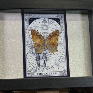 Pode incluir: Obra de arte emoldurada com uma borboleta com asas marrons e bege, montada sobre uma ilustra&ccedil;&atilde;o de carta de tar&ocirc;. A carta retrata duas figuras em trajes espaciais de m&atilde;os dadas, com as palavras "THE LOVERS" na parte inferior. A moldura &eacute; preta.