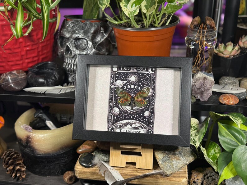 May include: A framed artwork featuring a butterfly with orange, green, and brown wings, set against a black and white tarot card design. The card is labelled "The Universe" and includes celestial imagery. The frame is black and the artwork is displayed on a wooden easel.