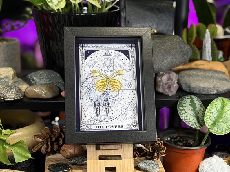 K&ouml;nnte beinhalten: Ein gerahmter Druck der Tarotkarte "Die Liebenden". Das Kunstwerk zeigt zwei Figuren, einen gelben Schmetterling und Himmelsk&ouml;rper. Der schwarze Rahmen kontrastiert mit der detaillierten Schwarz-Wei&szlig;-Illustration und erzeugt einen starken visuellen Effekt.