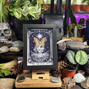 May include: A framed tarot card print of "The Star" with a black frame, displayed on a wooden easel. The artwork features a celestial design with a woman, stars, and a moth. The image is surrounded by plants, rocks, and a skull.