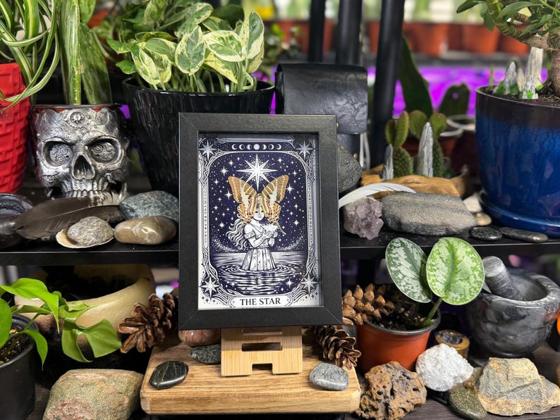 May include: A framed tarot card print of "The Star" with a black frame, displayed on a wooden easel. The artwork features a celestial design with a woman, stars, and a moth. The image is surrounded by plants, rocks, and a skull.
