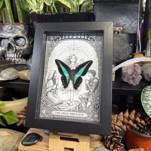May include: A framed black and white illustration of "The High Priestess" tarot card. The artwork features a woman with a butterfly with teal wings. Two figures kneel on either side of the woman. The frame is displayed on a wooden easel.