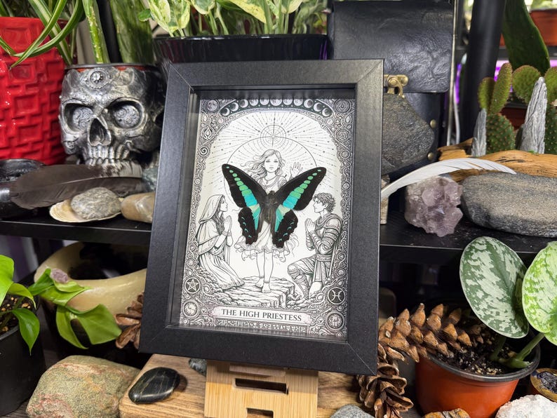 May include: A framed black and white illustration of "The High Priestess" tarot card. The artwork features a woman with a butterfly with teal wings. Two figures kneel on either side of the woman. The frame is displayed on a wooden easel.