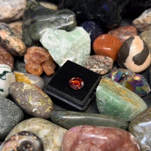 Puede incluir: Una colecci&oacute;n de varias piedras preciosas y rocas pulidas. Una peque&ntilde;a gema facetada de color rojo anaranjado se exhibe en una caja negra. Las piedras circundantes incluyen rocas verdes, marrones y blancas, con patrones y colores &uacute;nicos.