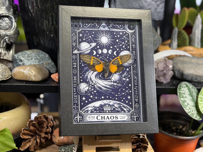 May include: Framed artwork featuring a celestial design with a butterfly and the word "CHAOS". The artwork has a dark blue background with planets, stars, and a sun. The butterfly has orange and black wings.