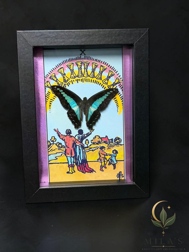 Puede incluir: Un marco negro tipo caja que contiene una ilustraci&oacute;n de carta de tarot del Diez de Copas, con una mariposa oscura central con marcas azul brillante, un arco&iacute;ris de diez copas doradas y una familia en un paisaje bajo un cielo azul.