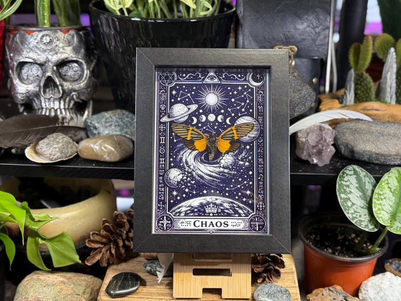 May include: A framed art print featuring a celestial design with a butterfly. The artwork is set against a dark blue background with stars, planets, and a sun. The butterfly has orange and black wings. The word "CHAOS" is at the bottom.