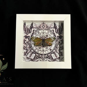 May include: A square white shadow box frame containing a preserved butterfly with green and orange wings. The background features a black and white circular zodiac-style illustration with winged creatures and open books at the bottom corners.