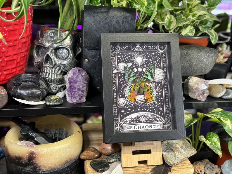 May include: A black framed print displaying a butterfly with orange, green, and black wings, set against a celestial background with planets, moons, and stars. The word "CHAOS" is at the bottom.