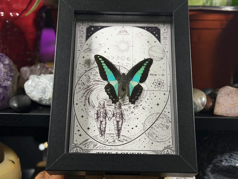 Puede incluir: Obra de arte enmarcada con una mariposa de alas negras y turquesas, sobre una ilustraci&oacute;n c&oacute;smica en blanco y negro. La obra incluye dos figuras de astronautas tomados de la mano, con las palabras "THE LOVERS" en la parte inferior.
