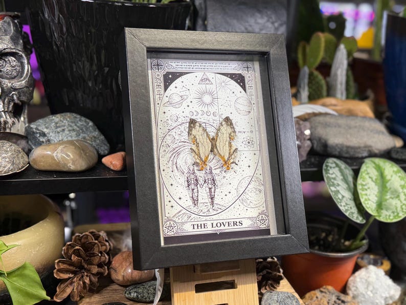 May include: A framed print featuring a tarot card design. The artwork depicts two figures with butterfly wings, set against a celestial background with planets and stars. The text "THE LOVERS" is at the bottom, framed in a black wooden frame.