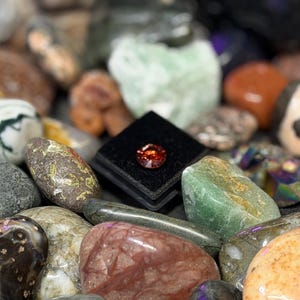 Puede incluir: Una colecci&oacute;n de piedras preciosas y rocas pulidas de varios colores, incluyendo verde, marr&oacute;n y naranja. Una peque&ntilde;a gema naranja facetada se exhibe sobre una superficie de terciopelo negro, rodeada de otras piedras. Primer plano.
