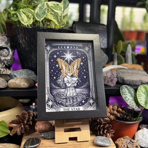 May include: A framed black and white illustration of "The Star" tarot card. The artwork shows a figure with butterfly wings standing in water under a starry sky. The frame is displayed on a wooden easel, surrounded by plants and decorative items.