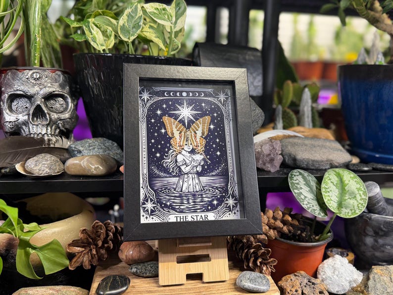 May include: A framed black and white illustration of "The Star" tarot card. The artwork shows a figure with butterfly wings standing in water under a starry sky. The frame is displayed on a wooden easel, surrounded by plants and decorative items.