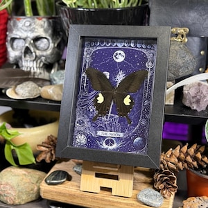 May include: A framed artwork featuring a black butterfly with yellow markings against a dark blue background with celestial illustrations. The frame is black, and the artwork is displayed on a wooden easel. The text "THE MOON" is visible.