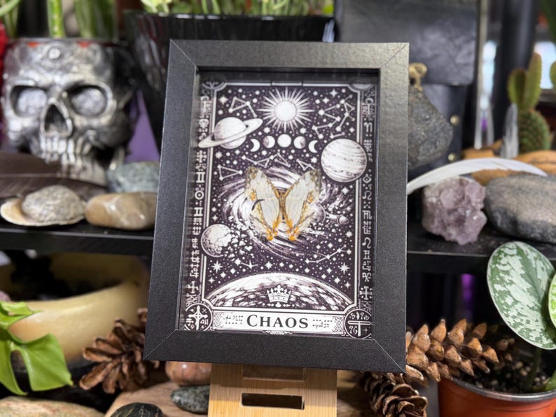 May include: A framed artwork with a black and white celestial design, including planets, stars, and the word "CHAOS". The artwork features a butterfly with delicate wings. The frame is black and the artwork is displayed on a wooden easel.