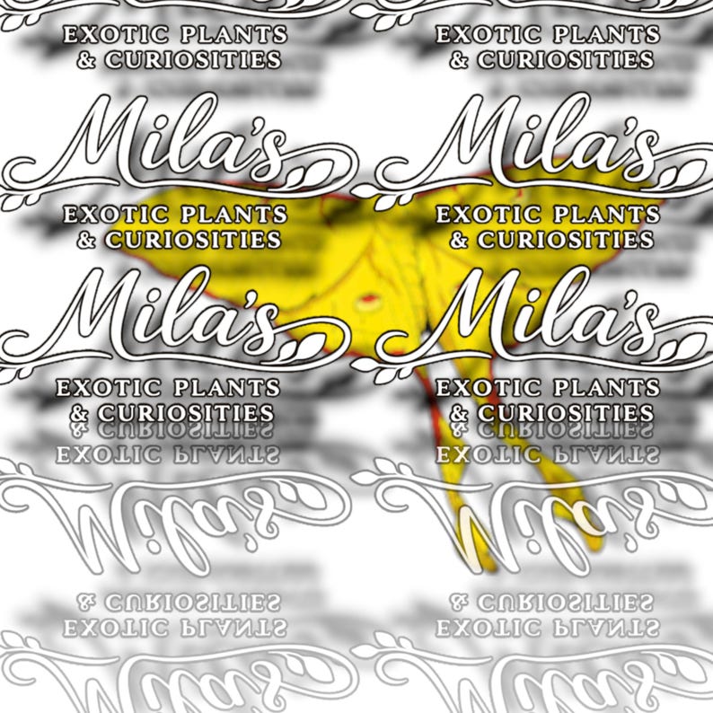 May include: A repeating pattern featuring the text "Mila's" in a decorative script, with the words "Exotic Plants & Curiosities" above and below. A yellow moth is visible in the center. The background is white.