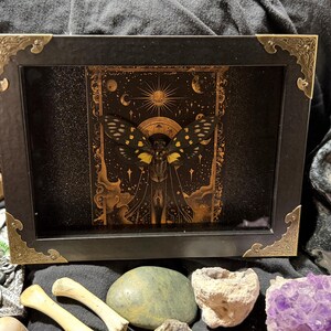 May include: A framed artwork featuring a black and gold moth with intricate wing patterns. The artwork is set against a dark background with celestial designs and framed in a black box with gold corner accents. The artwork is surrounded by crystals and bones.