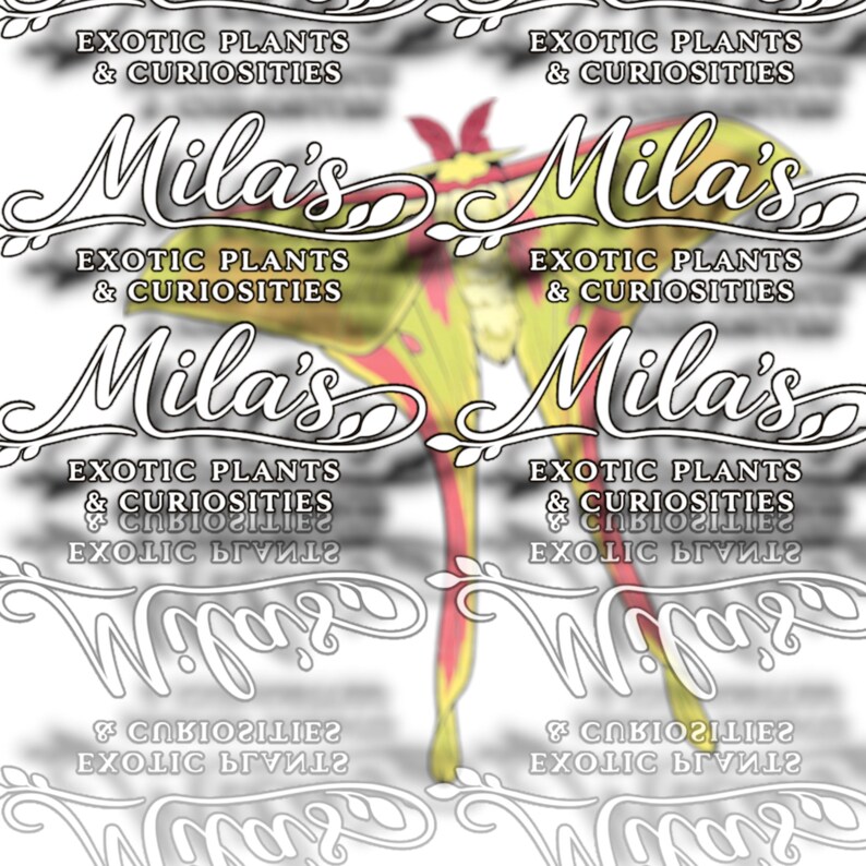 May include: A decorative design featuring a Luna moth with yellow, red, and green wings. The image includes the text "Mila's" in a stylized font, along with "EXOTIC PLANTS & CURIOSITIES" repeated multiple times.