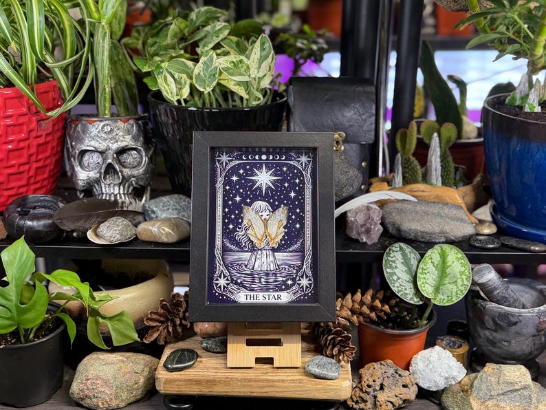 Pu&ograve; includere: Una stampa incorniciata della carta dei tarocchi "The Star", con un design celeste e una figura alata. L'opera d'arte &egrave; in una cornice nera, esposta su un cavalletto di legno, circondata da piante e oggetti decorativi. Il testo "THE STAR" &egrave; in basso.