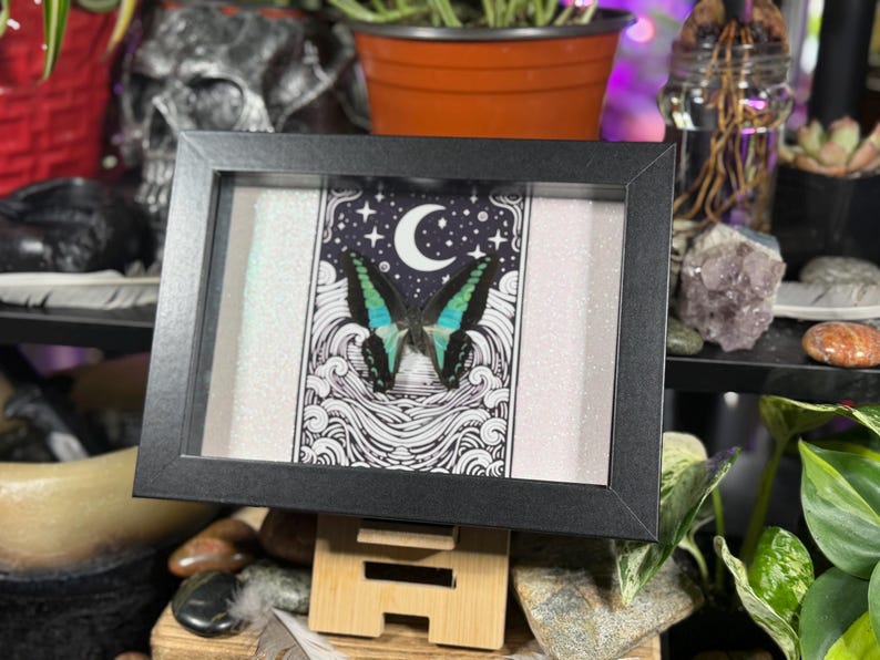 May include: A framed art piece featuring a butterfly with teal and black wings, set against a night sky design with a crescent moon and stars. The artwork is in a black frame, displayed on a wooden stand.