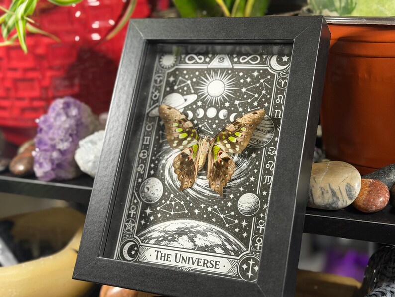 May include: A framed artwork featuring a butterfly with brown and green wings, set against a black and white illustration of the universe. The frame is black, and the artwork includes celestial bodies and the text "The Universe."
