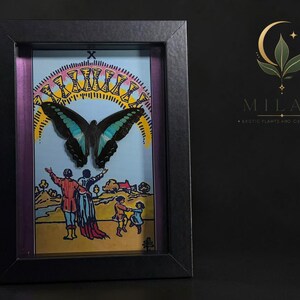 Puede incluir: Un marco negro tipo caja que contiene una ilustraci&oacute;n de la carta del tarot del Diez de Copas, con una gran mariposa negra y azul turquesa montada sobre el arco&iacute;ris de copas, y figuras en un paisaje bajo el n&uacute;mero romano X.