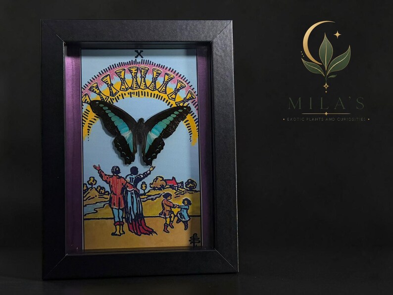Puede incluir: Un marco negro tipo caja que contiene una ilustraci&oacute;n de la carta del tarot del Diez de Copas, con una gran mariposa negra y azul turquesa montada sobre el arco&iacute;ris de copas, y figuras en un paisaje bajo el n&uacute;mero romano X.