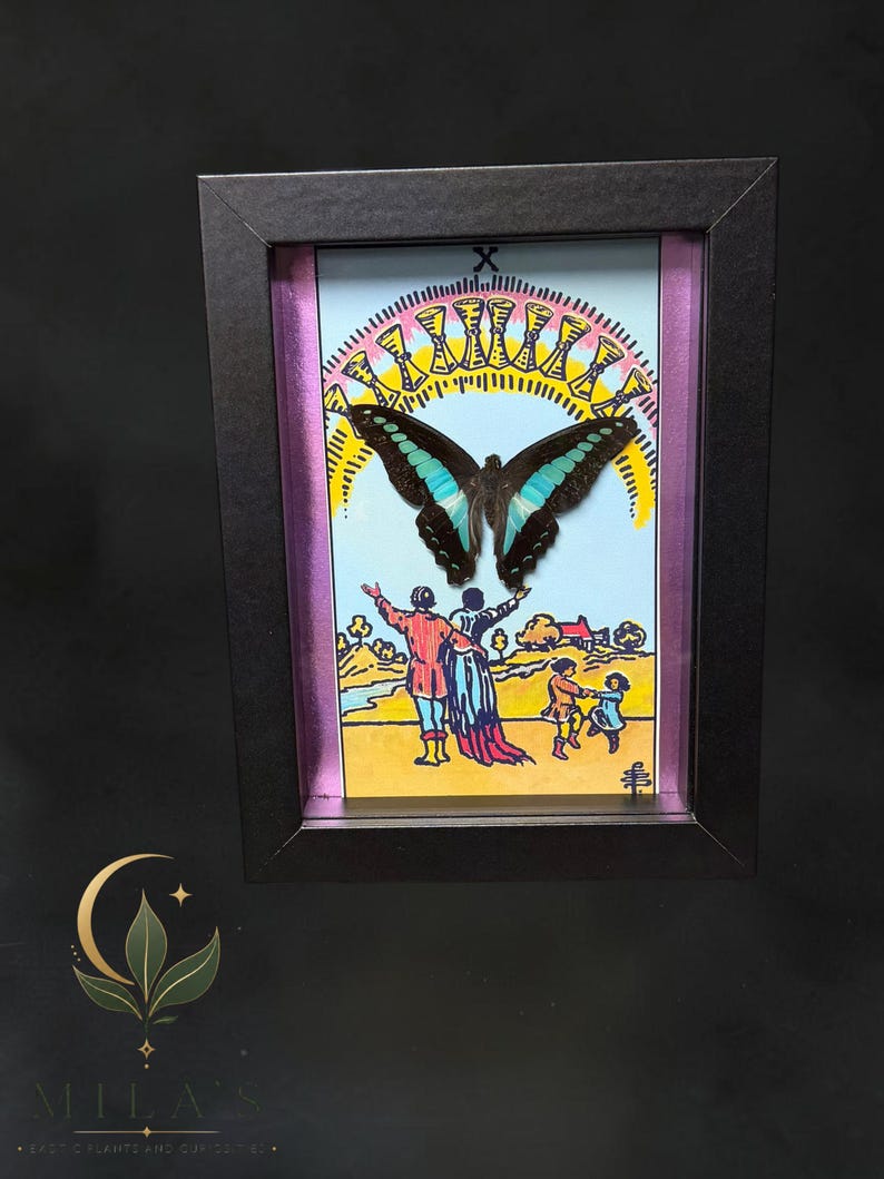 Puede incluir: Un marco negro tipo caja que contiene una ilustraci&oacute;n de la carta del tarot Diez de Copas, con una mariposa grande de alas negras y turquesas centrada sobre una escena de figuras bajo un arco&iacute;ris de diez copas doradas sobre un cielo azul.
