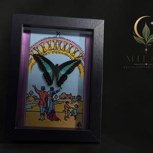 Puede incluir: Un marco negro tipo caja que contiene una ilustraci&oacute;n de carta de tarot del Diez de Copas, con una mariposa grande de alas negras y verde azulado centrada sobre una escena de figuras con los brazos levantados bajo un arco de diez c&aacute;lices dorados.