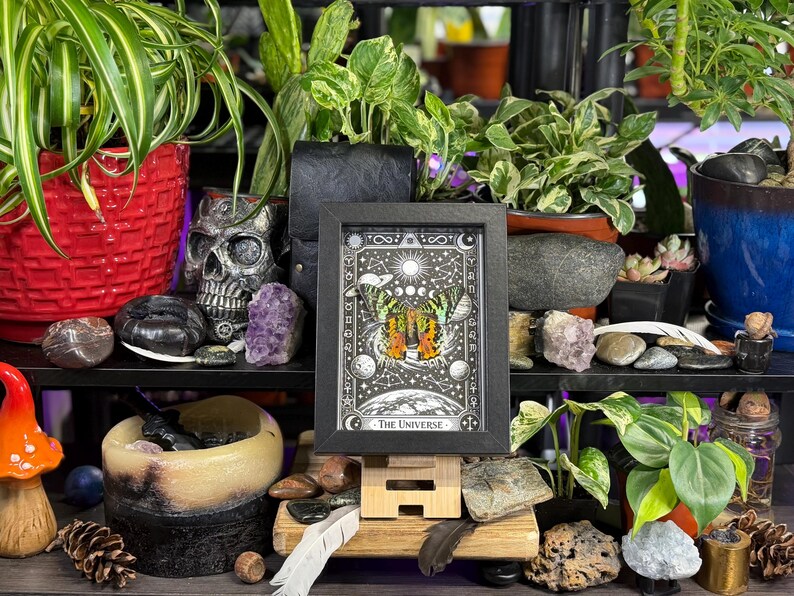 May include: A framed tarot card print titled "The Universe" is displayed on a wooden easel. The black and white artwork features celestial imagery and is surrounded by plants, crystals, and decorative items. A skull and other decorative items are also visible.