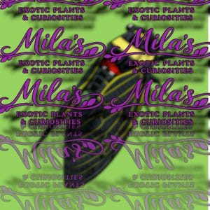 May include: A green background with repeating text and a blurred insect image. The text reads "Mila's Exotic Plants & Curiosities" in purple script. The insect is black and yellow.