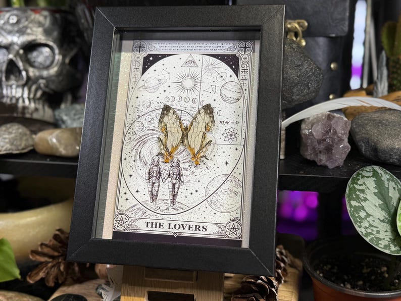 May include: Framed artwork featuring a tarot card design with the title "THE LOVERS." The artwork depicts two figures in space suits, butterfly wings, and celestial elements. The frame is black, and the artwork is displayed on a wooden easel.