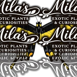 May include: A logo for "Mila's Exotic Plants & Curiosities" with a butterfly design in yellow and black. The text "Mila's" is in a decorative script, with the business name below.